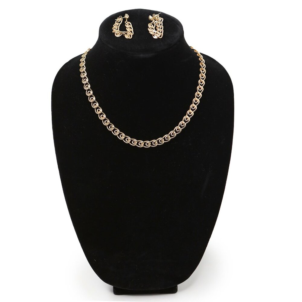 Vintage Gold Tone Flat Curb Chain Necklace & Matching Dangle Hoop Earrings Set